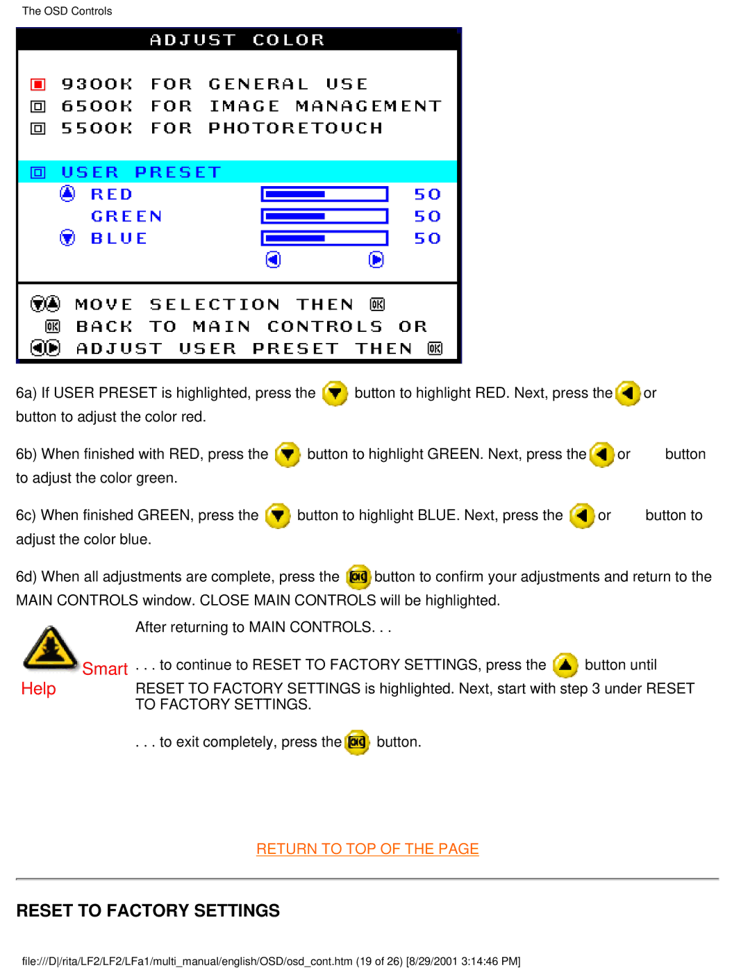 Philips 201P user manual Reset to Factory Settings 