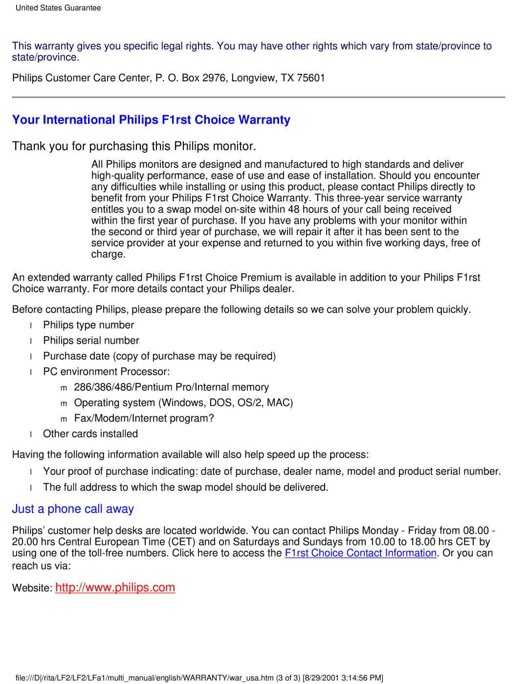 Philips 201P user manual Philips Customer Care Center, P. O. Box 2976, Longview, TX 