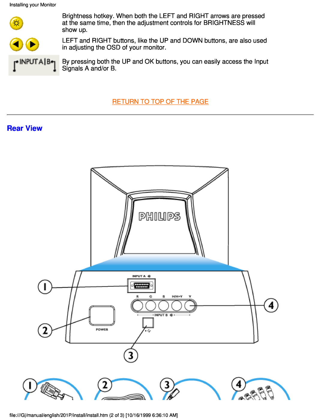 Philips 201P user manual Rear View, Return To Top Of The Page, Installing your Monitor 
