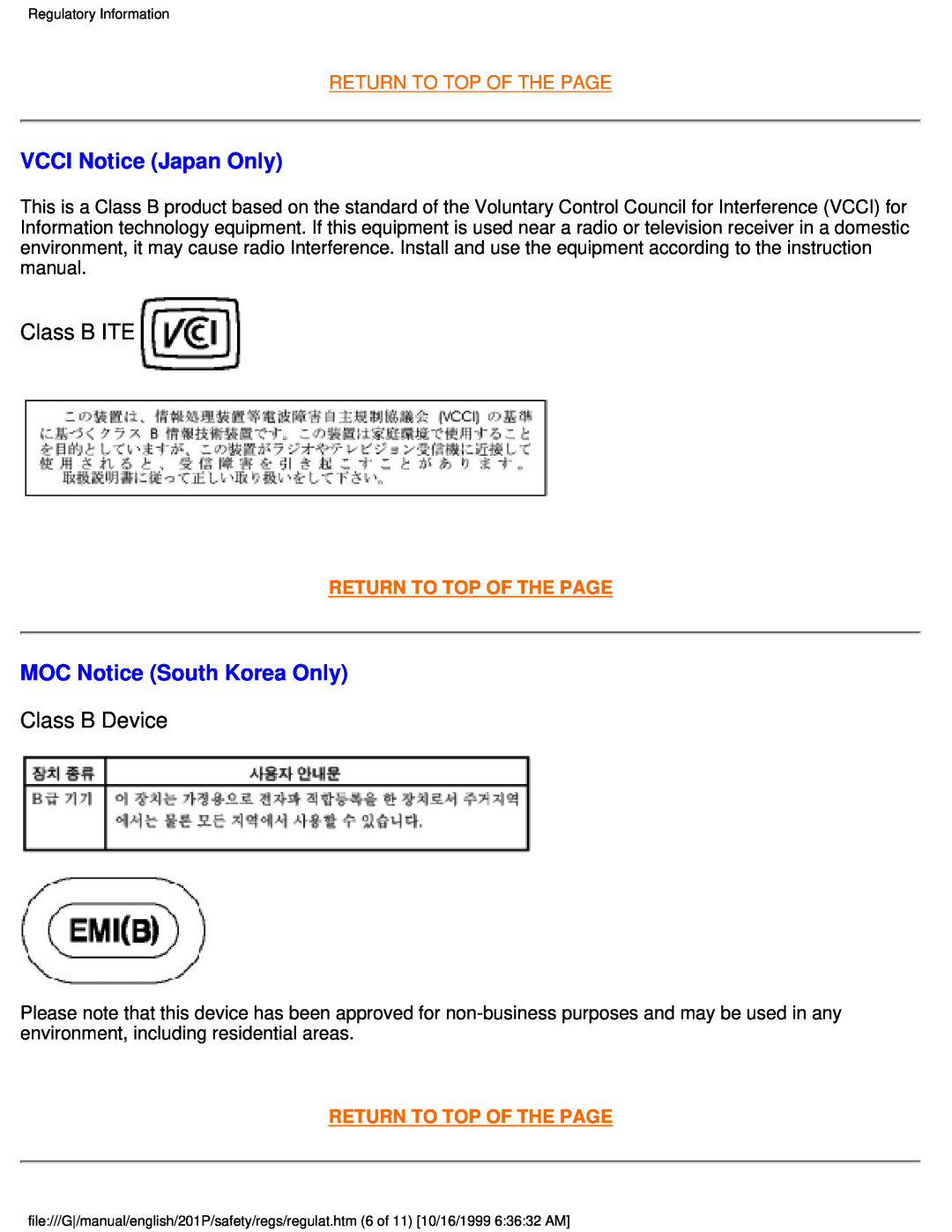 Philips 201P user manual VCCI Notice Japan Only, MOC Notice South Korea Only, Return To Top Of The Page 