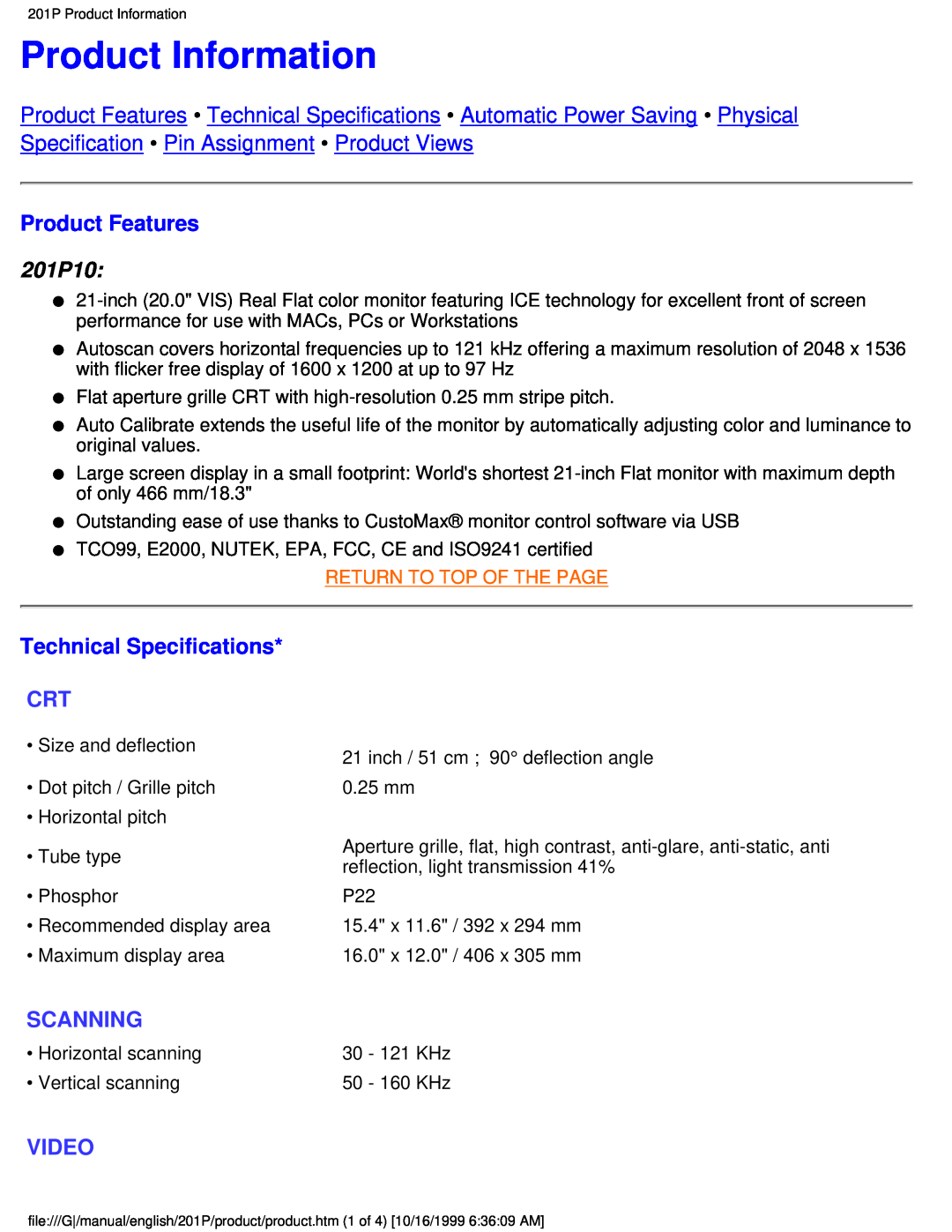 Philips user manual Product Information, Product Features, 201P10, Technical Specifications, Scanning, Video 
