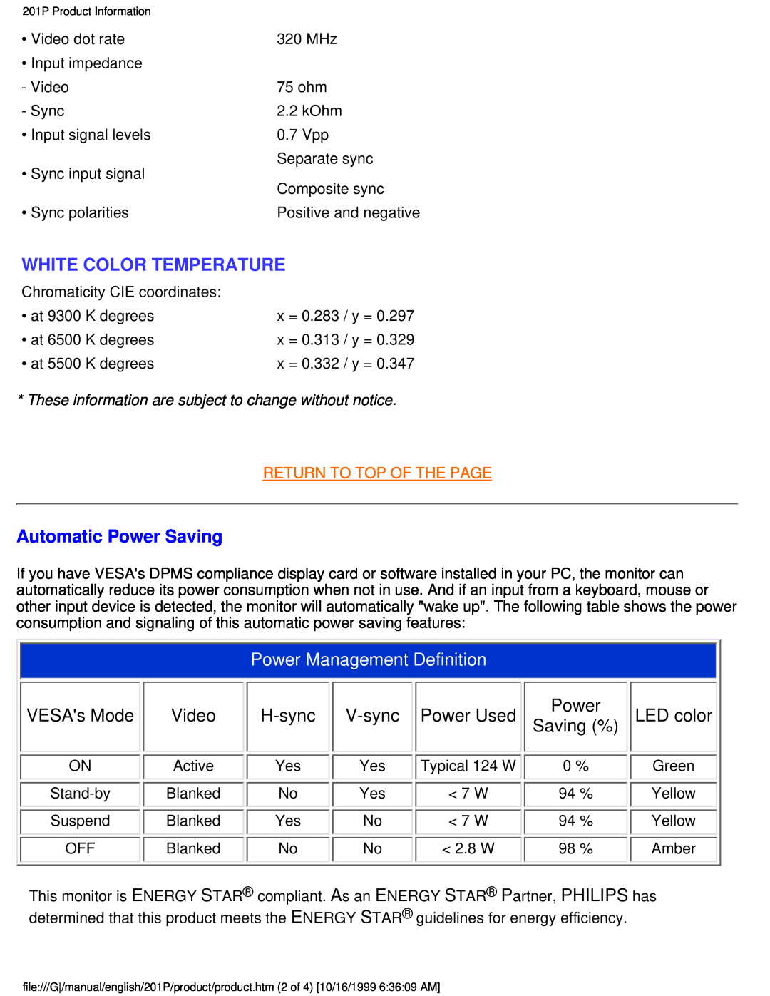 Philips 201P White Color Temperature, Automatic Power Saving, Power Management Definition, VESAs Mode, Video, V-sync 