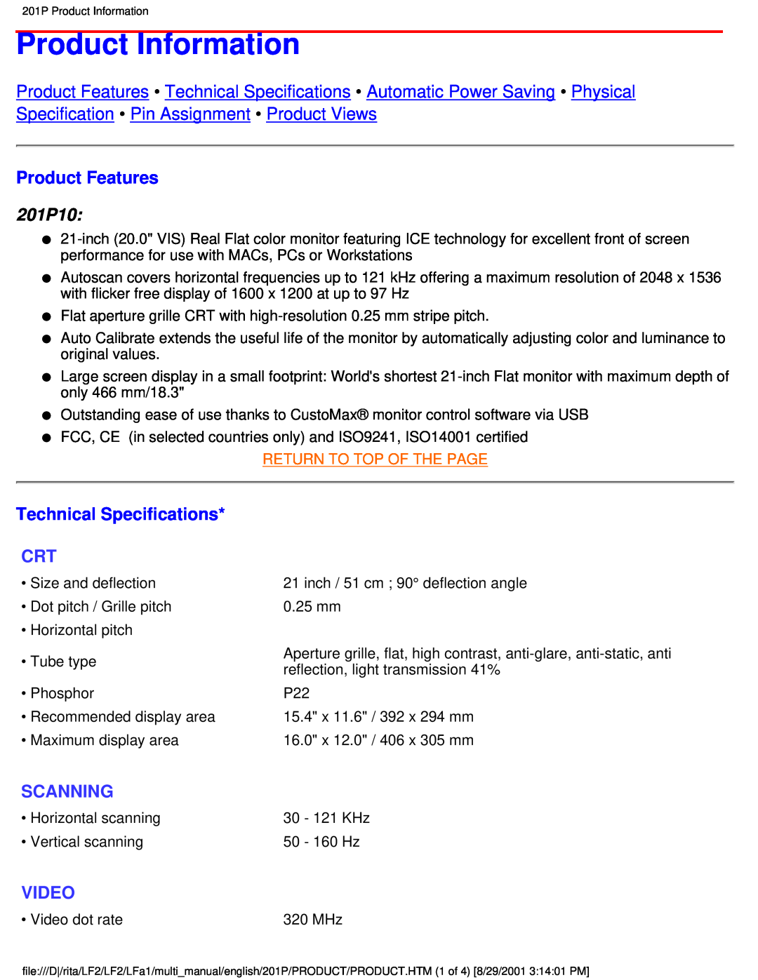 Philips user manual Product Information, Product Features, 201P10, Technical Specifications, Scanning, Video 