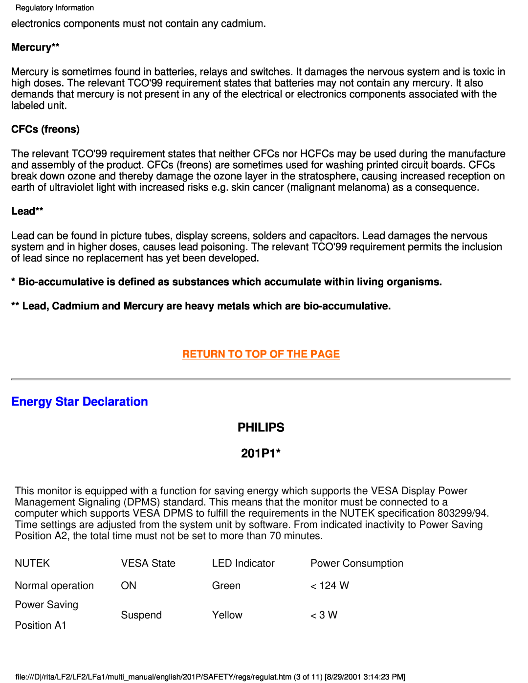 Philips user manual Energy Star Declaration, PHILIPS 201P1, Mercury, CFCs freons, Lead, Return To Top Of The Page 