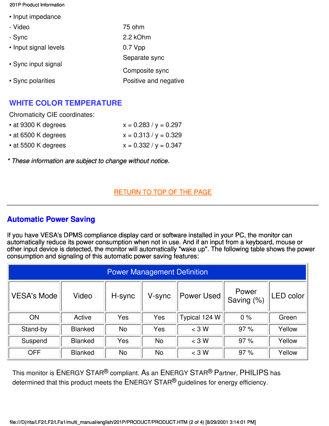 Philips 201P White Color Temperature, Automatic Power Saving, Power Management Definition, VESAs Mode, Video, V-sync 