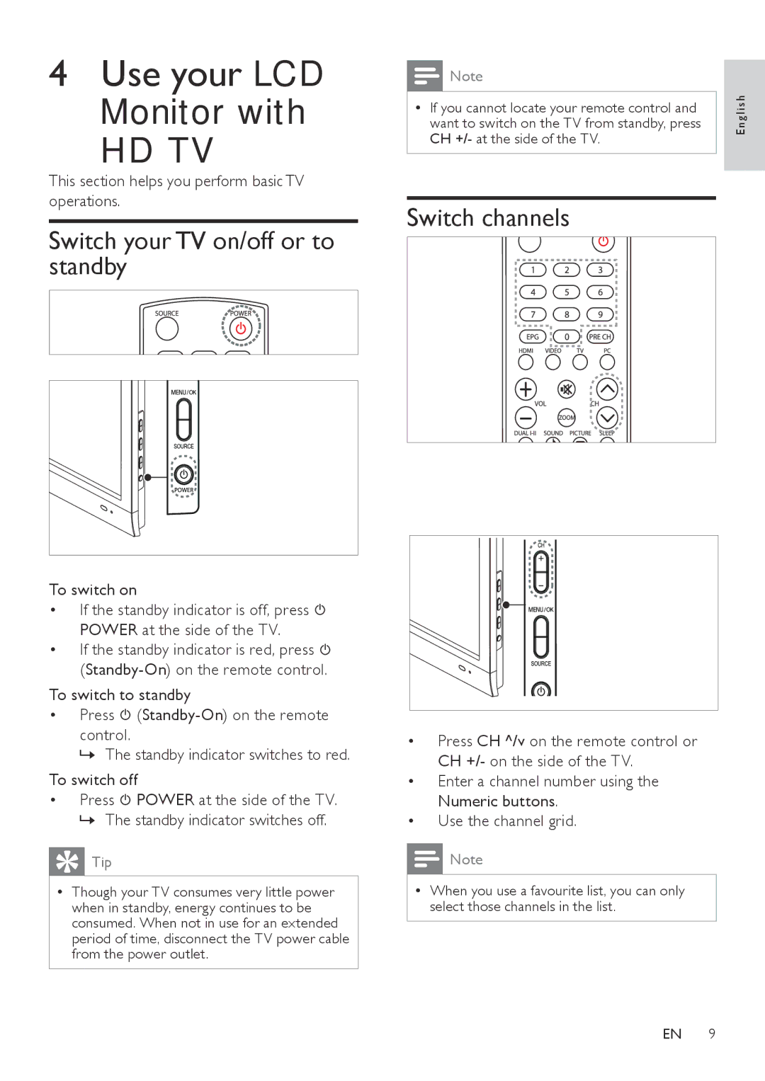 Philips 201T1 Switch your TV on/off or to standby, Switch channels, This section helps you perform basic TV operations 