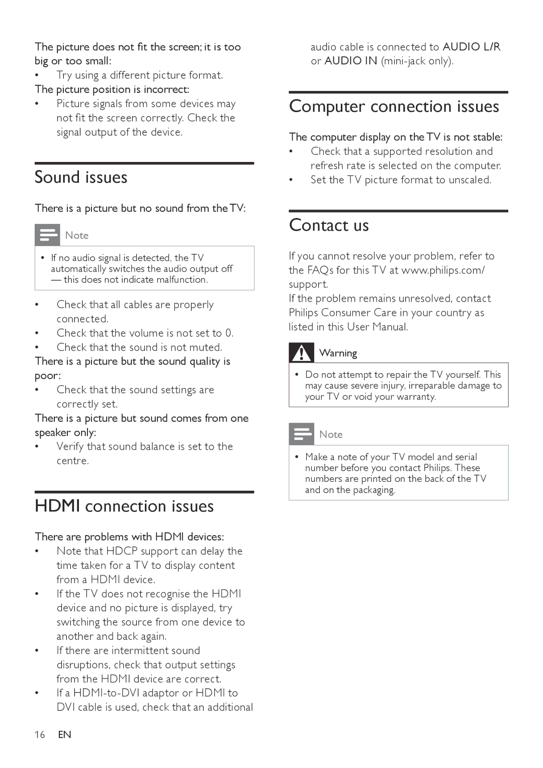 Philips 201T1 user manual Sound issues, Hdmi connection issues, Computer connection issues, Contact us 