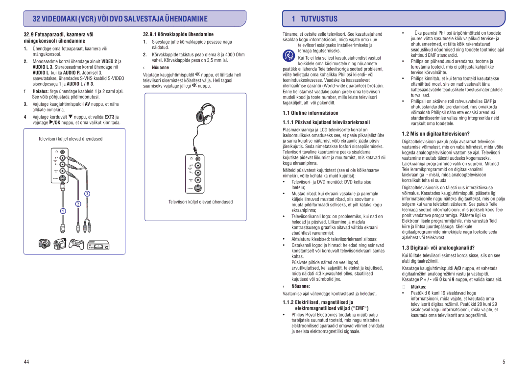 Philips 20/26/32HF5335D manual Videomaki VCR VÕI DVD Salvestaja Ühendamine Tutvustus, 32.9.1 Kõrvaklappideühendamine 