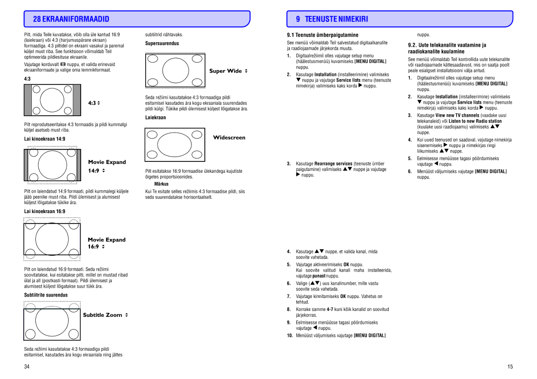 Philips 20/26/32HF5335D manual Ekraaniformaadid, Teenuste Nimekiri 