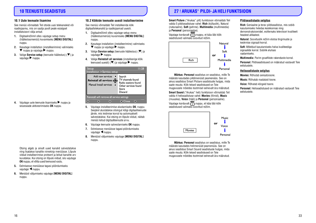 Philips 20/26/32HF5335D Teenuste Seadistus Arukas PILDI- JA Heli Funktsioon, Uuteteenustelisamine, Heliseadistusteselgitus 