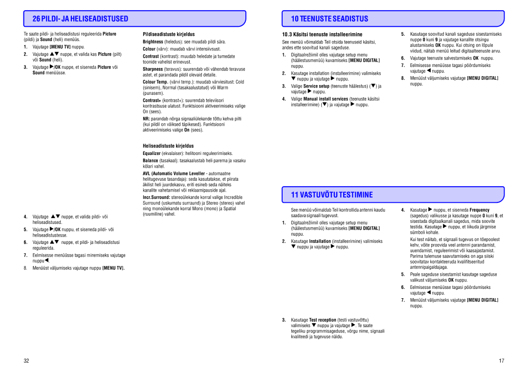 Philips 20/26/32HF5335D manual Teenuste Seadistus, Vastuvõtu Testimine, Pildiseadistustekirjeldus, Heliseadistustekirjeldus 