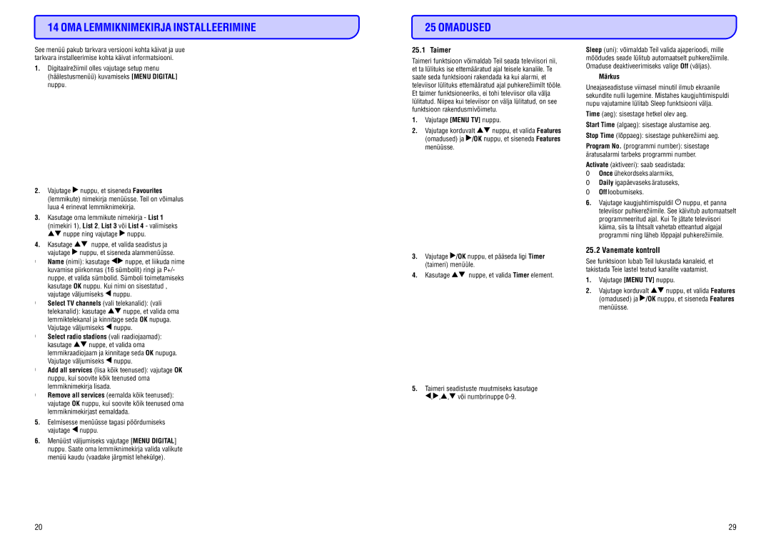 Philips 20/26/32HF5335D manual OMA Lemmiknimekirja Installeerimine, Taimer, Vanematekontroll 