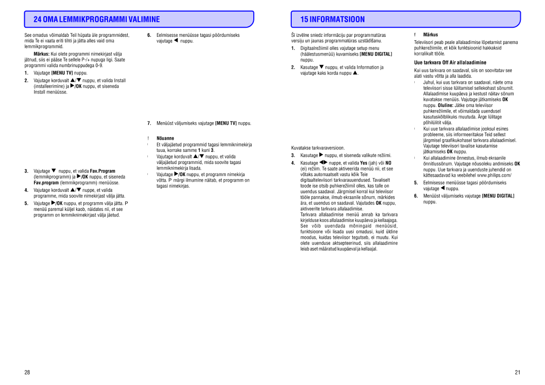 Philips 20/26/32HF5335D manual OMA Lemmikprogrammi Valimine Informatsioon, UuetarkvaraOffAirallalaadimine 