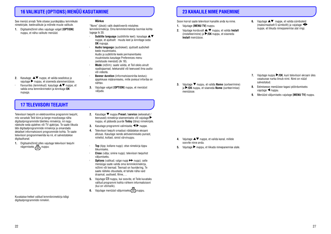 Philips 20/26/32HF5335D manual Valikute Options Menüü Kasutamine Kanalile Nime Panemine, Televiisori Teejuht 