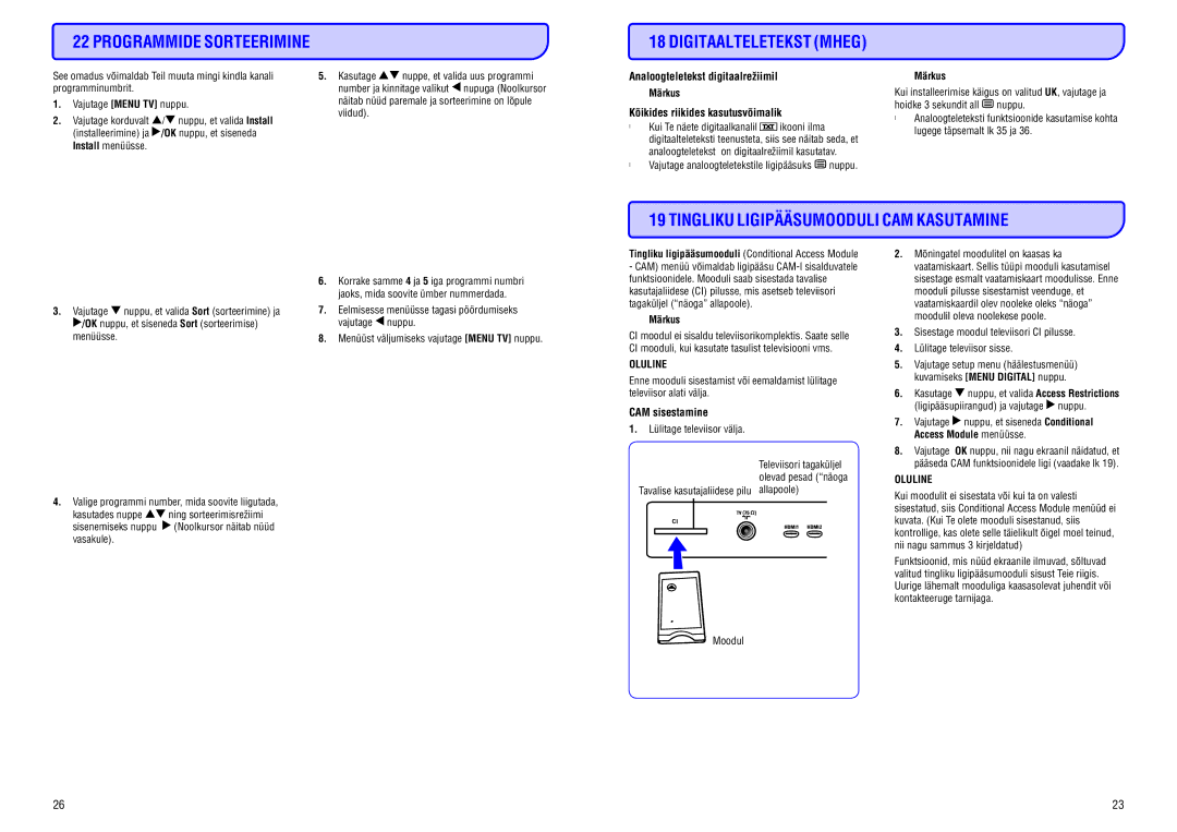 Philips 20/26/32HF5335D manual Programmide Sorteerimine Digitaalteletekst Mheg, Tingliku Ligipääsumooduli CAM Kasutamine 