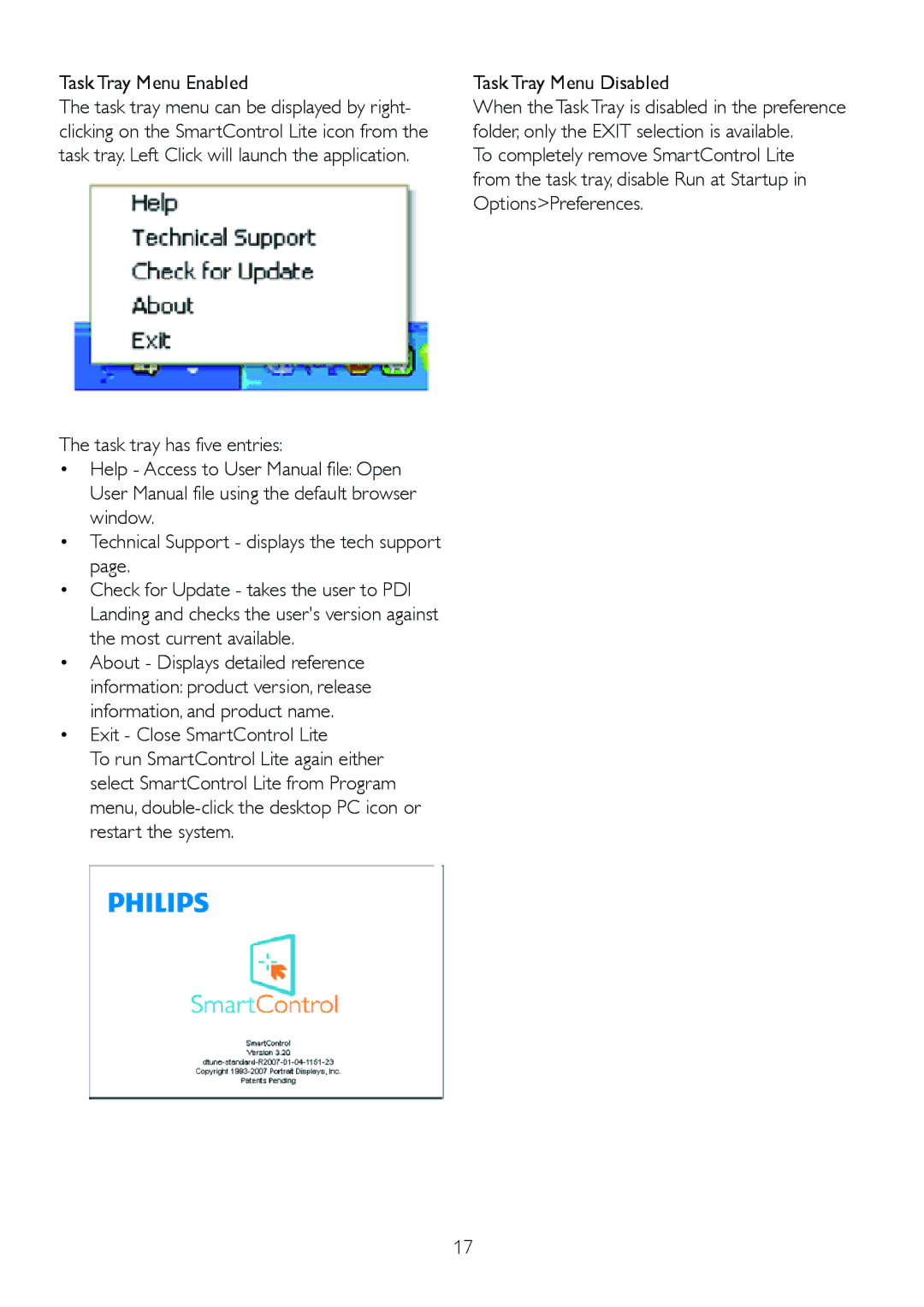 Philips 202EL2, 2.02E+04 user manual Task Tray Menu Enabled, Exit Close SmartControl Lite, Task Tray Menu Disabled 