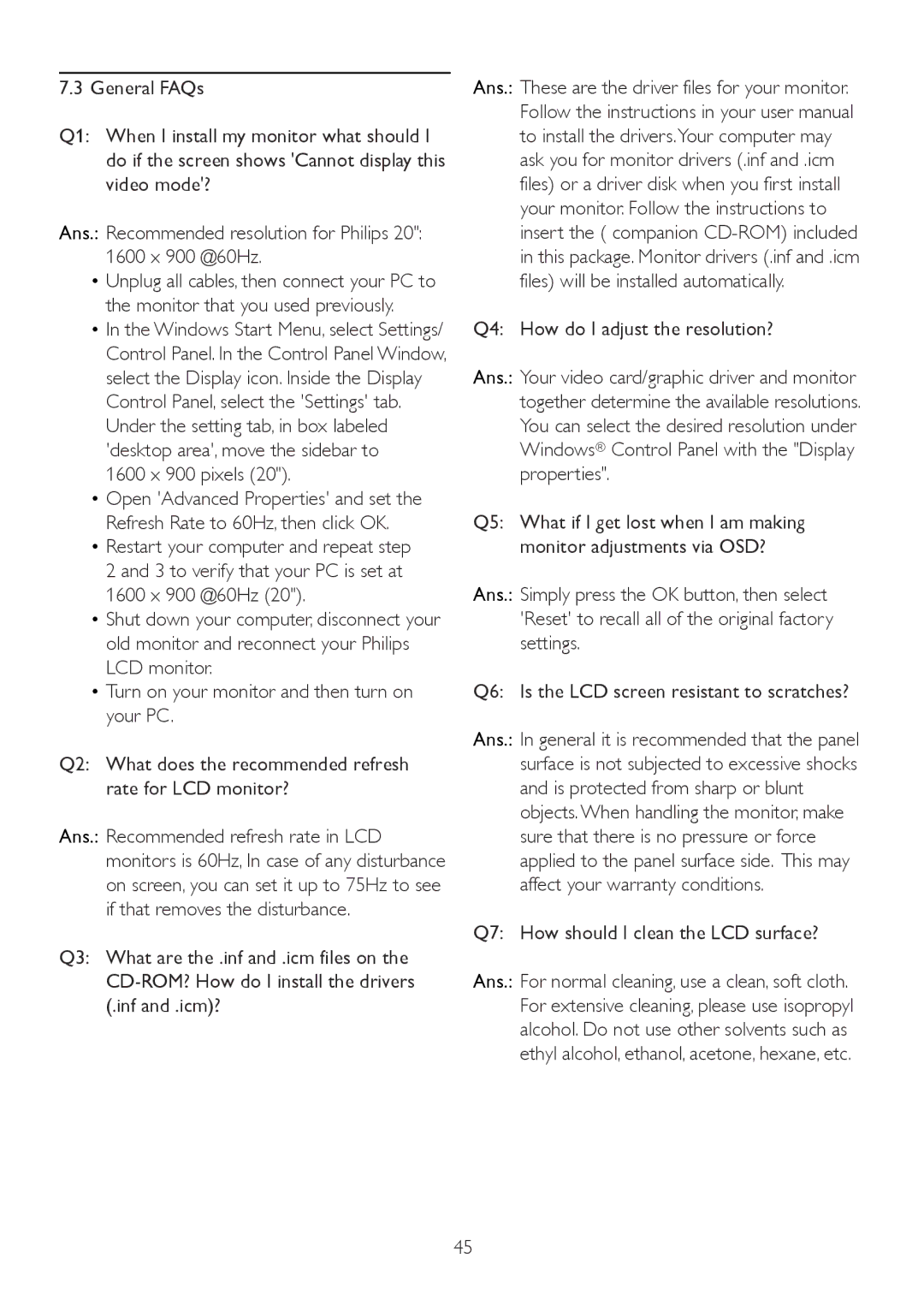 Philips 202EL2, 2.02E+04 user manual Q7 How should I clean the LCD surface? 