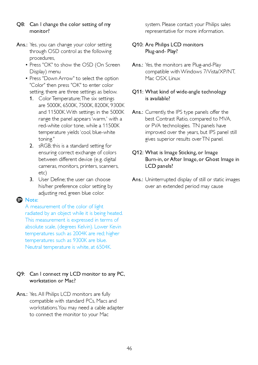 Philips 2.02E+04, 202EL2 user manual Color TemperatureThe six settings 