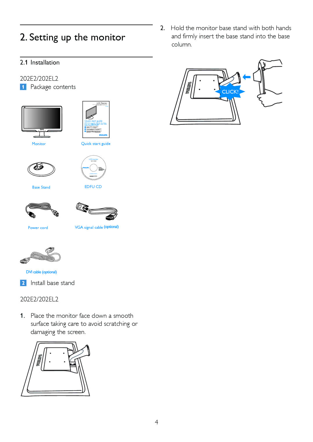 Philips 2.02E+04 user manual Setting up the monitor, Installation 202E2/202EL2 Package contents 