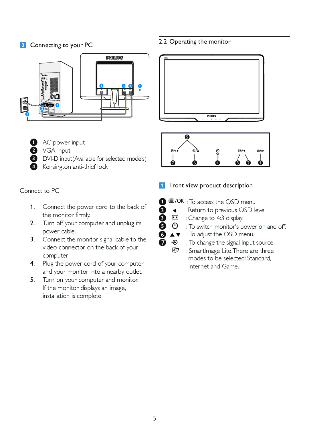 Philips 202EL2, 2.02E+04 user manual Connecting to your PC, Internet and Game 