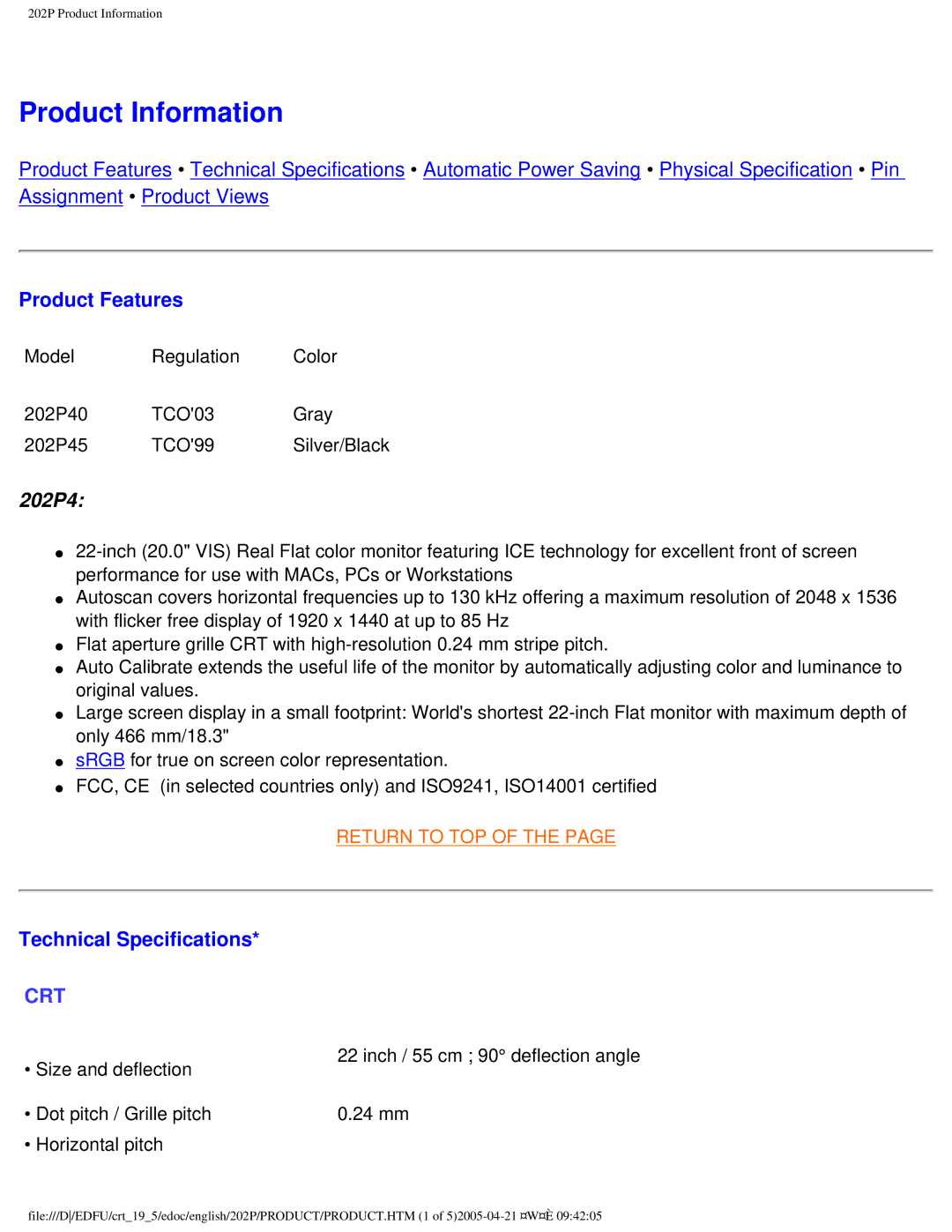 Philips 202P user manual Product Features, Technical Specifications 