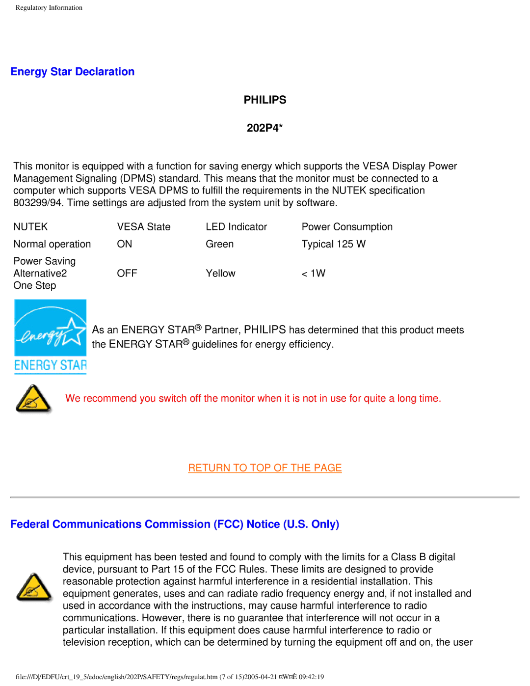 Philips user manual Energy Star Declaration, 202P4, Federal Communications Commission FCC Notice U.S. Only 