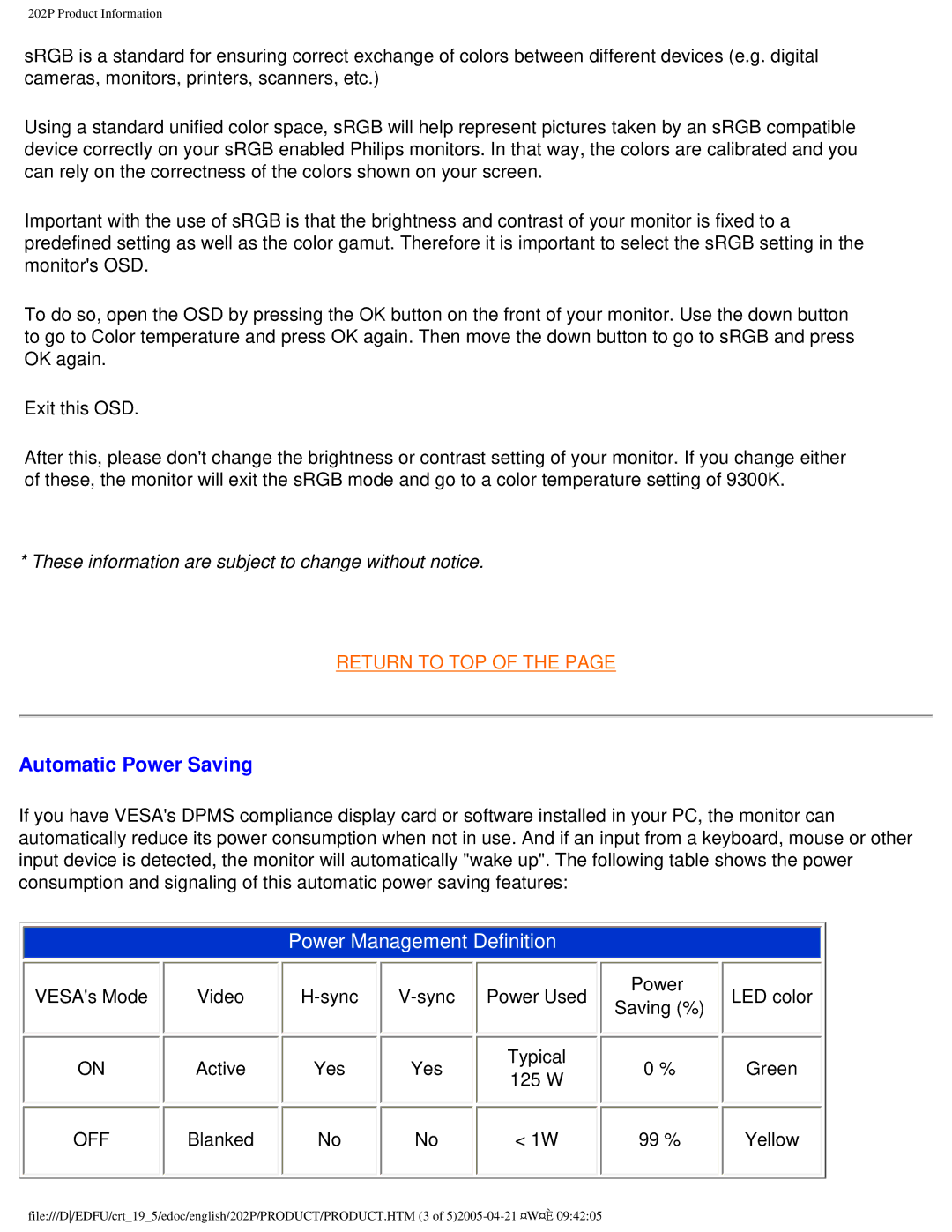 Philips 202P user manual Automatic Power Saving, Power Management Definition 