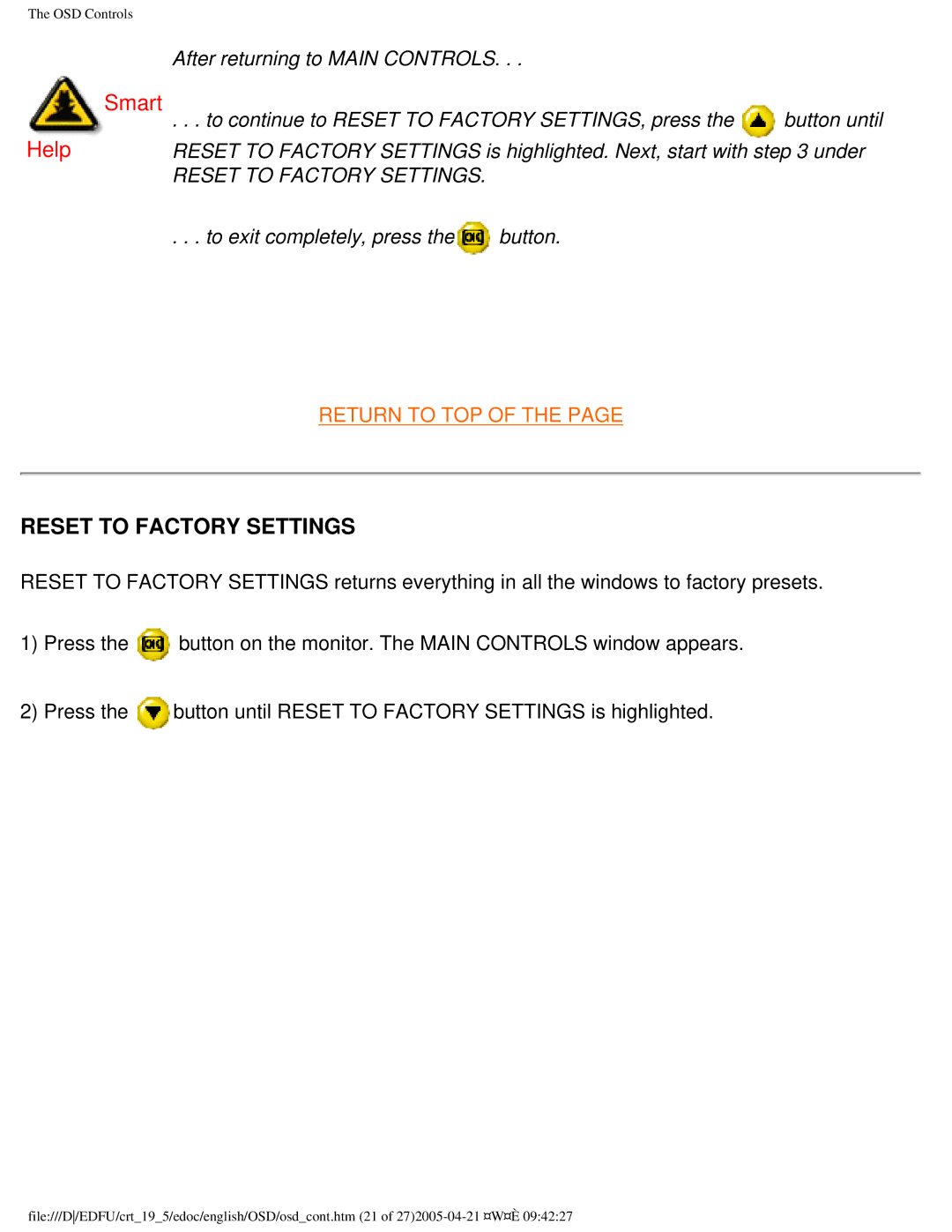 Philips 202P user manual Reset to Factory Settings 