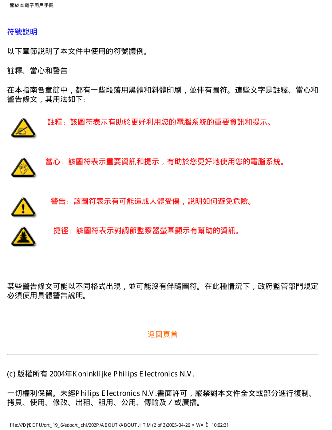 Philips 202P manual 以下章節說明了本文件中使用的符號體例。 註釋、當心和警告 