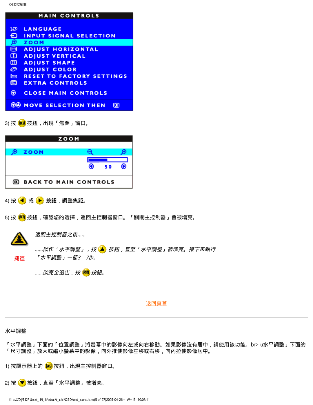 Philips 202P manual 按鈕，出現「焦距」窗口。 或 按鈕，調整焦距。 按鈕，確認您的選擇，返回主控制器窗口。「關閉主控制器」會被增亮。 