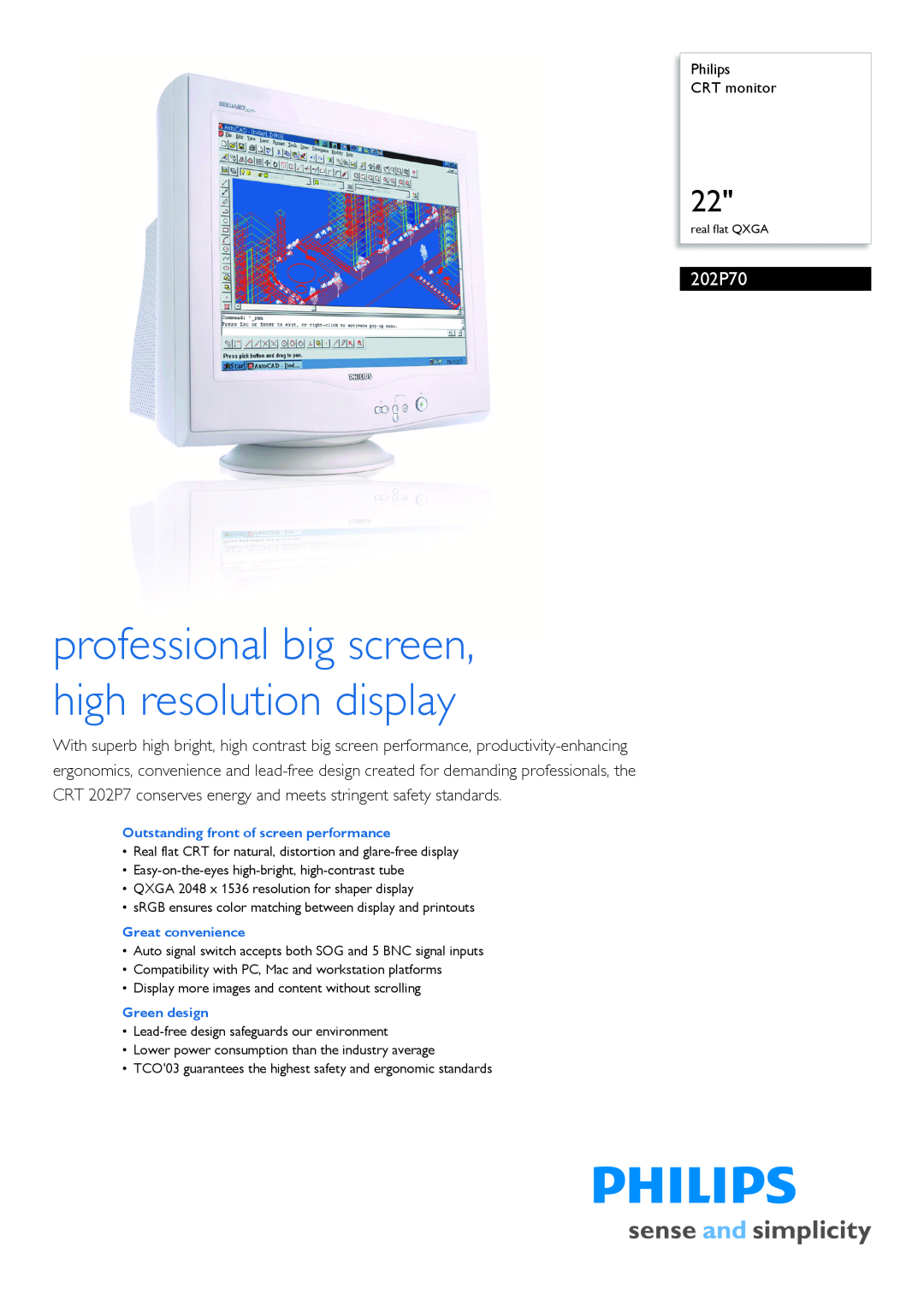 Philips 202P70/00 manual Philips CRT monitor, professional big screen, high resolution display 