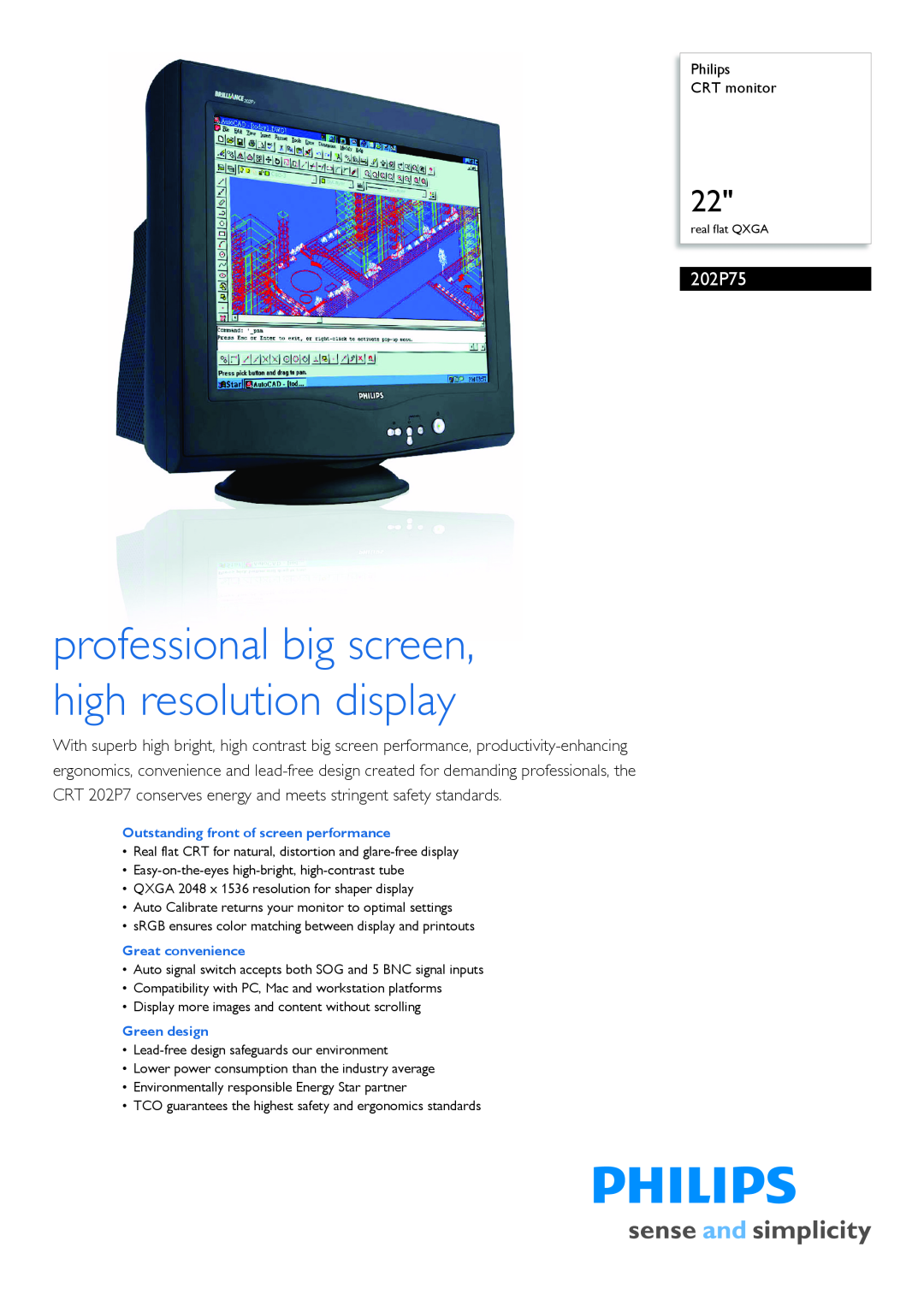 Philips 202P75/75 manual Philips CRT monitor, professional big screen, high resolution display 