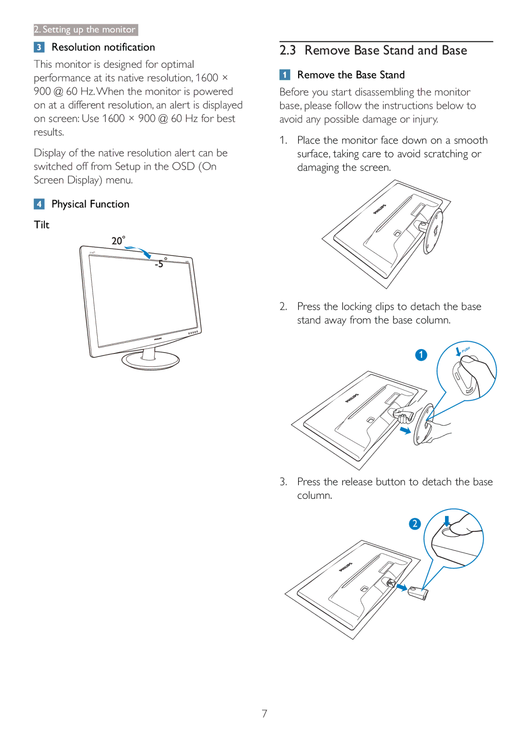 Philips 206V3L warranty Remove Base Stand and Base 