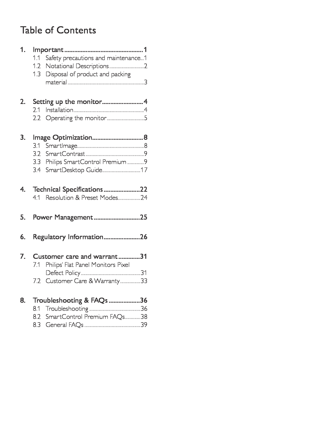 Philips 209CL2 user manual Table of Contents 
