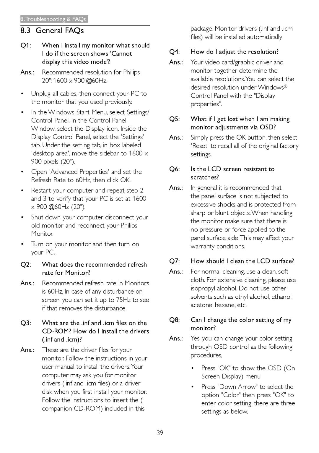 Philips 209CL2 user manual General FAQs 