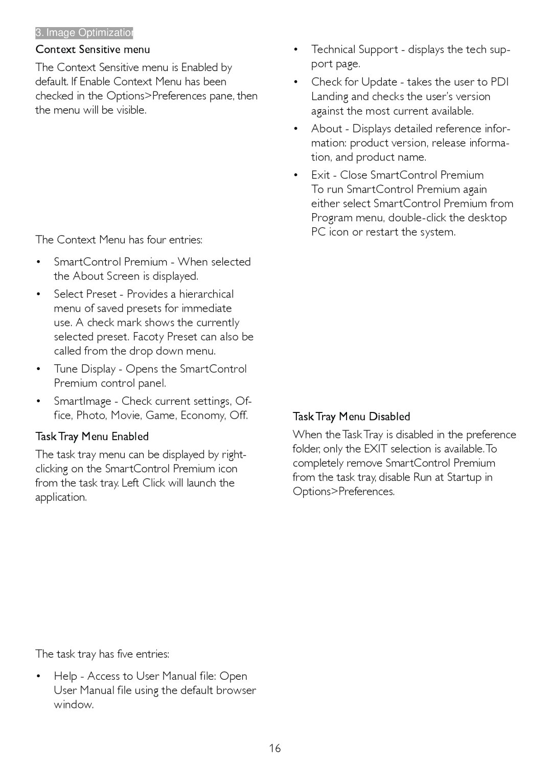 Philips 209CL2 user manual Context Sensitive menu, Context Menu has four entries, Task Tray Menu Disabled 