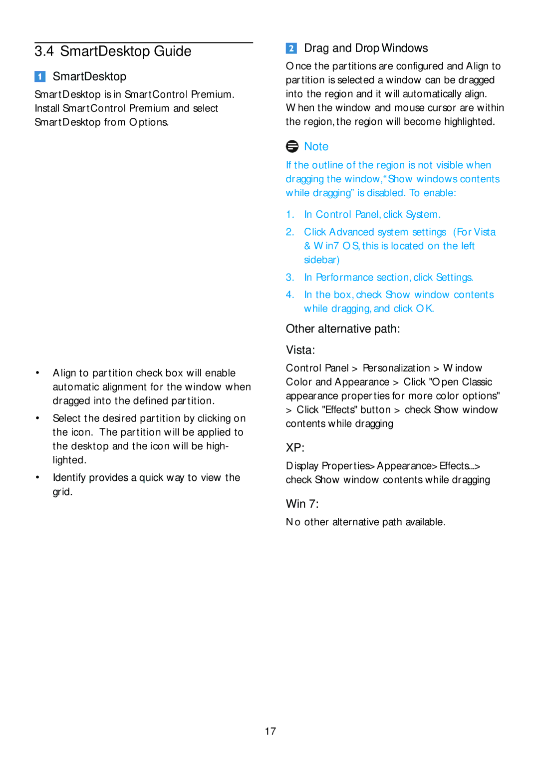 Philips 209CL2 user manual SmartDesktop Guide, Other alternative path Vista, Win No other alternative path available 