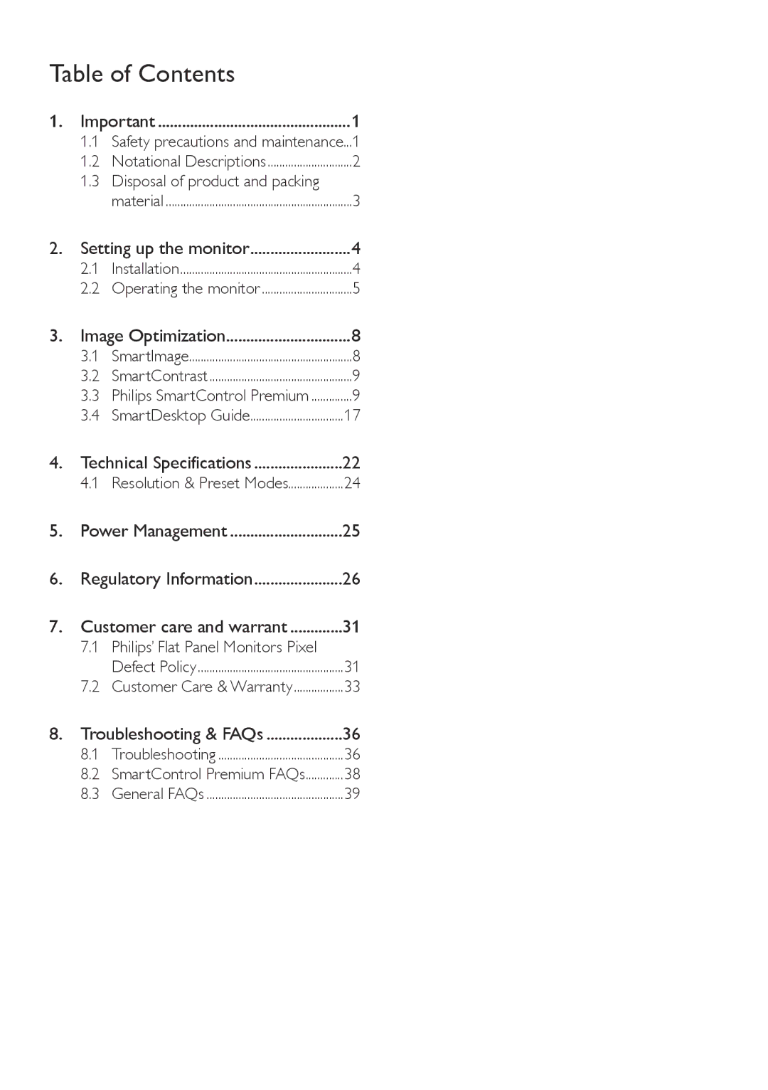 Philips 209CL2 user manual Table of Contents 