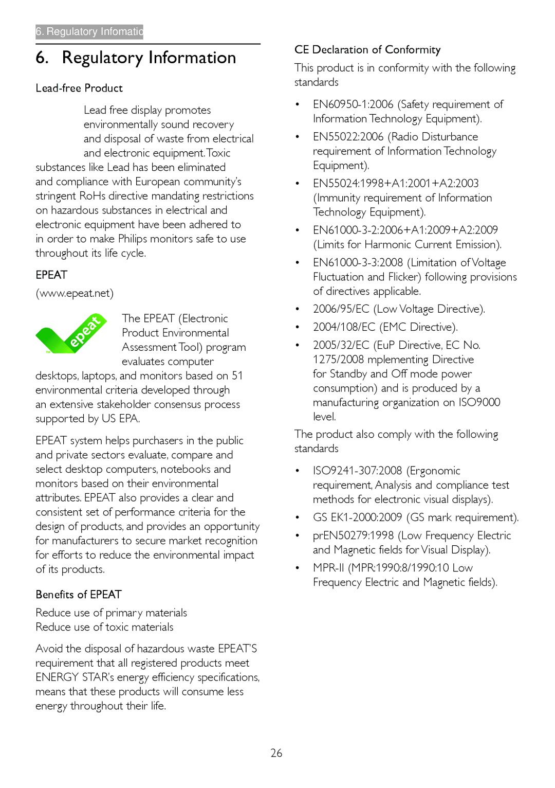 Philips 209CL2 user manual Regulatory Information, Lead-free Product, Epeat Electronic Product Environmental 