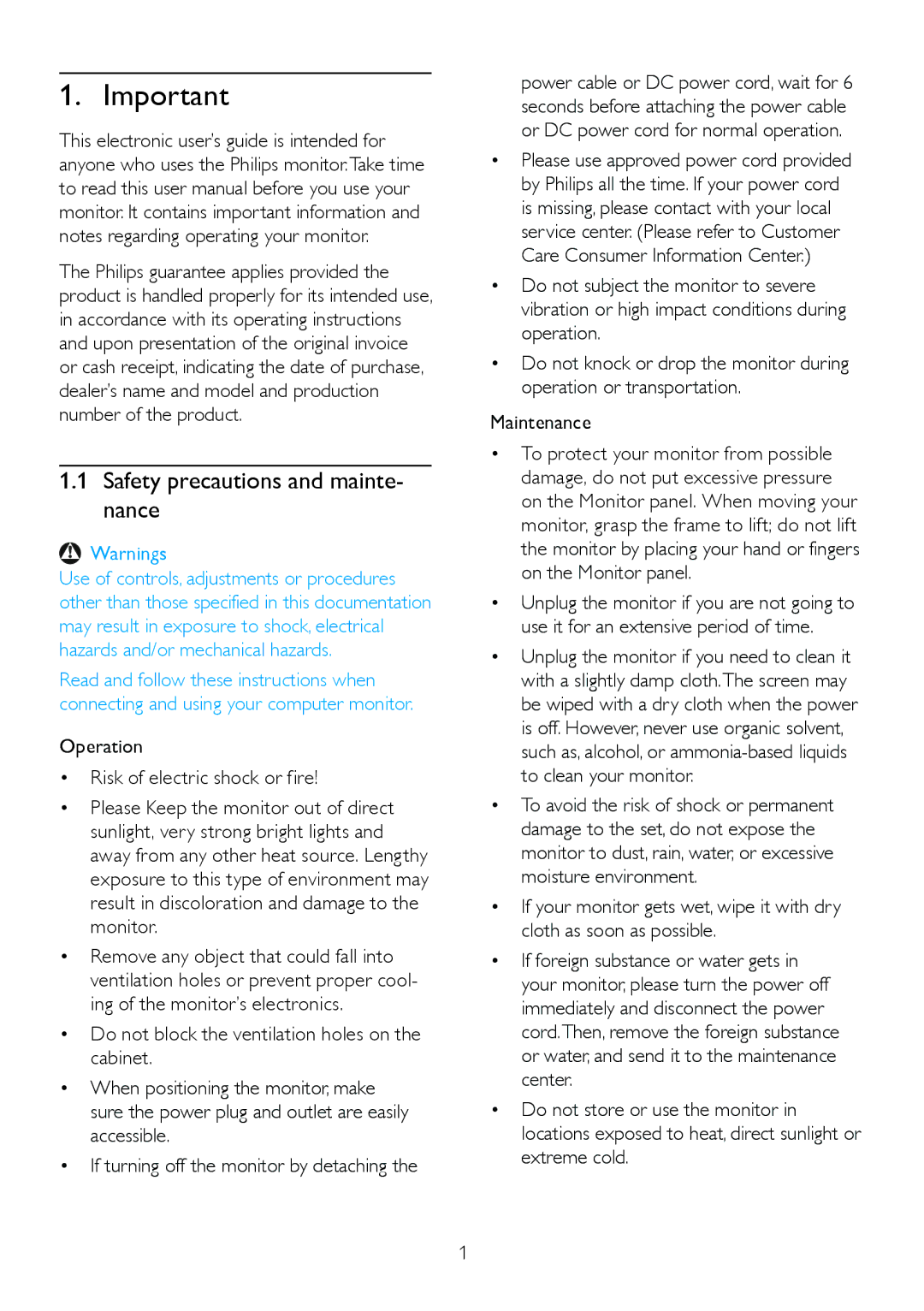 Philips 209CL2 user manual Safety precautions and mainte- nance, Operation Risk of electric shock or fire 