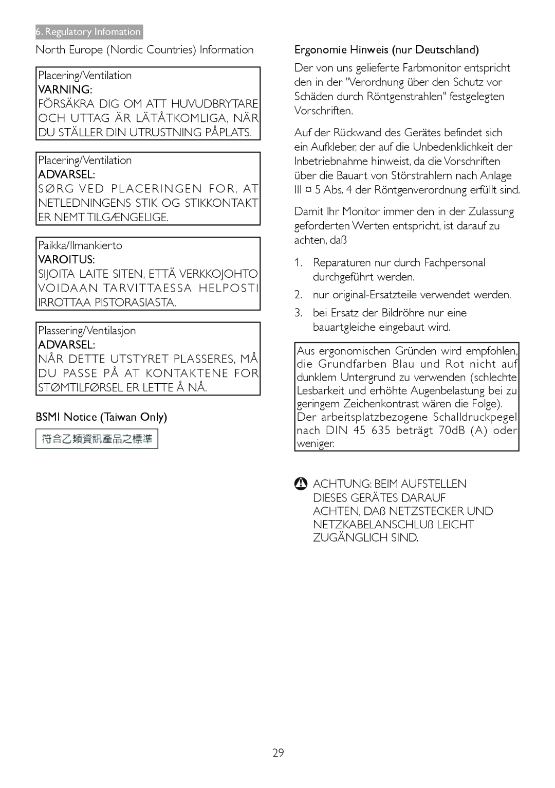 Philips 209CL2 user manual Varning, Varoitus, Achtung Beim Aufstellen 