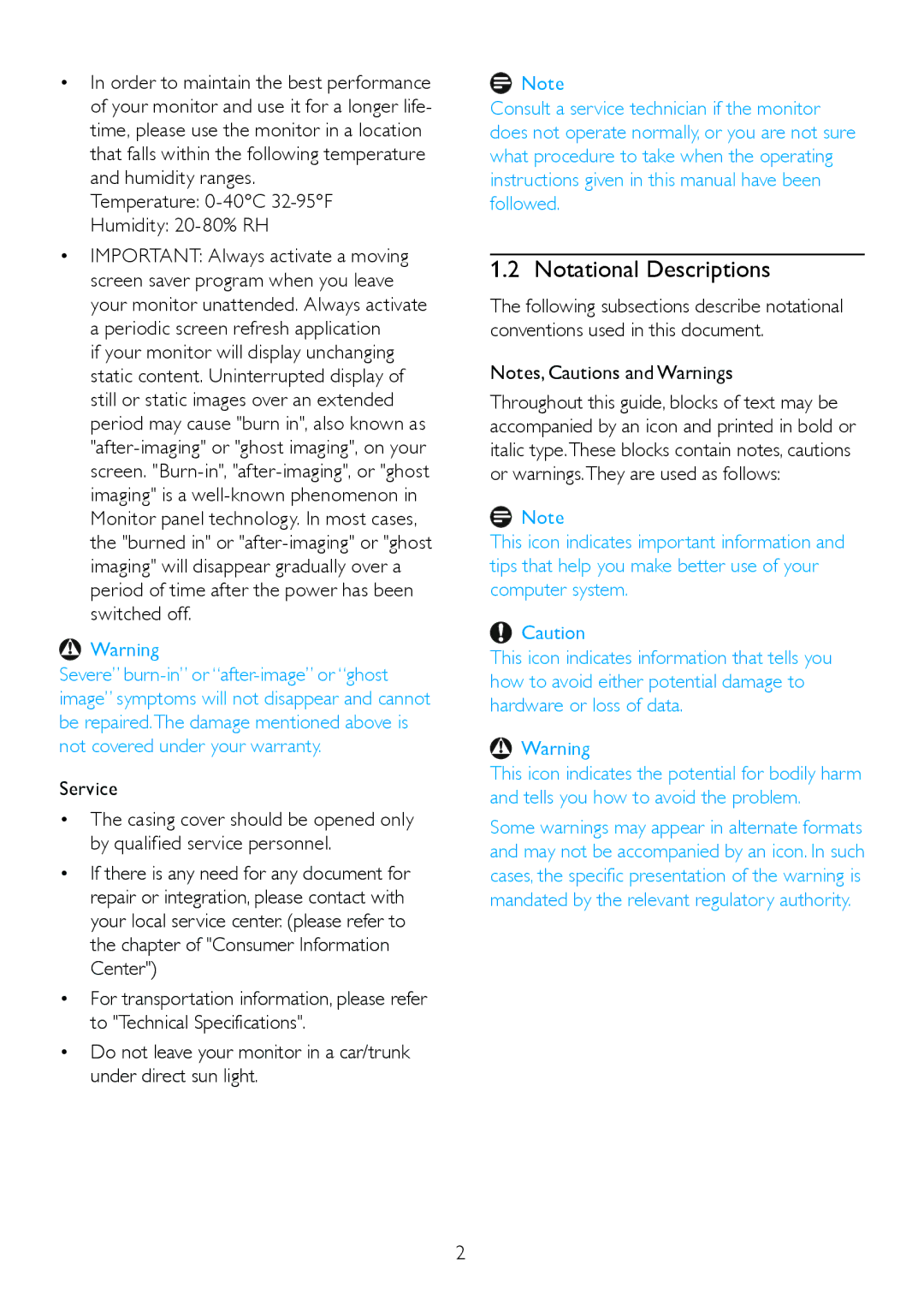 Philips 209CL2 user manual Notational Descriptions, Temperature 0-40C 32-95F Humidity 20-80% RH 