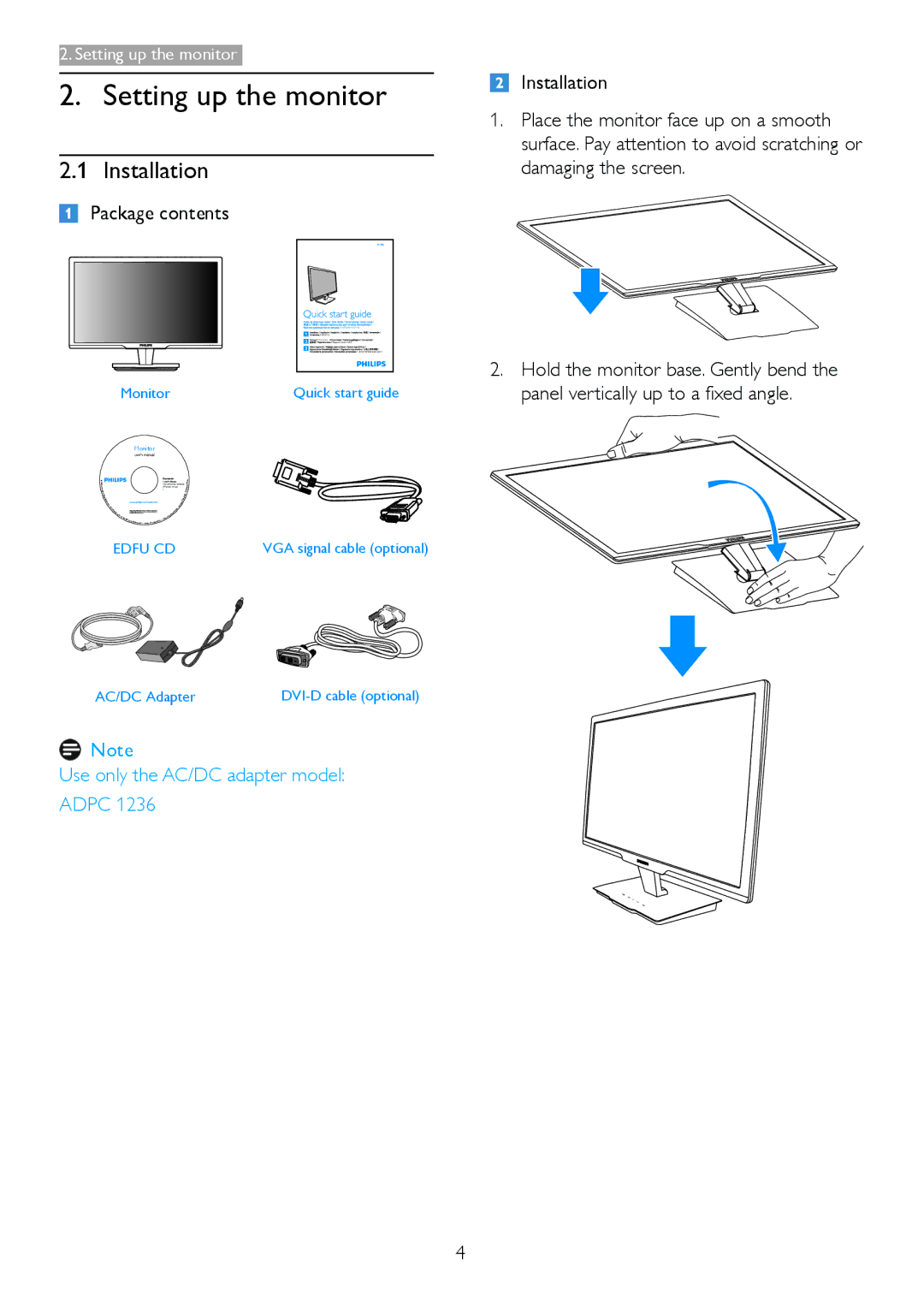 Philips 209CL2 user manual Setting up the monitor, Installation, Package contents 