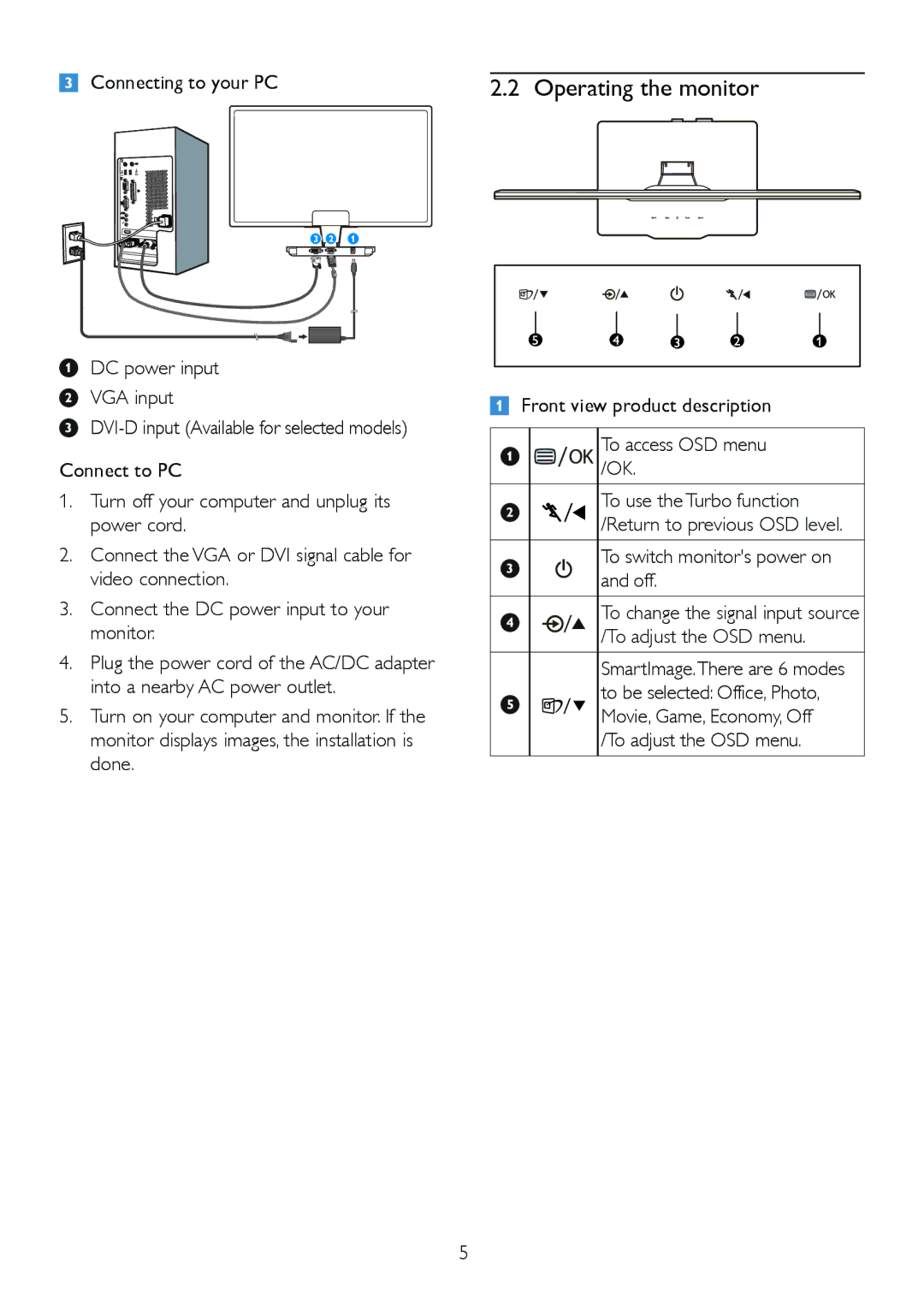 Philips 209CL2 user manual Operating the monitor, Front view product description To access OSD menu /OK 