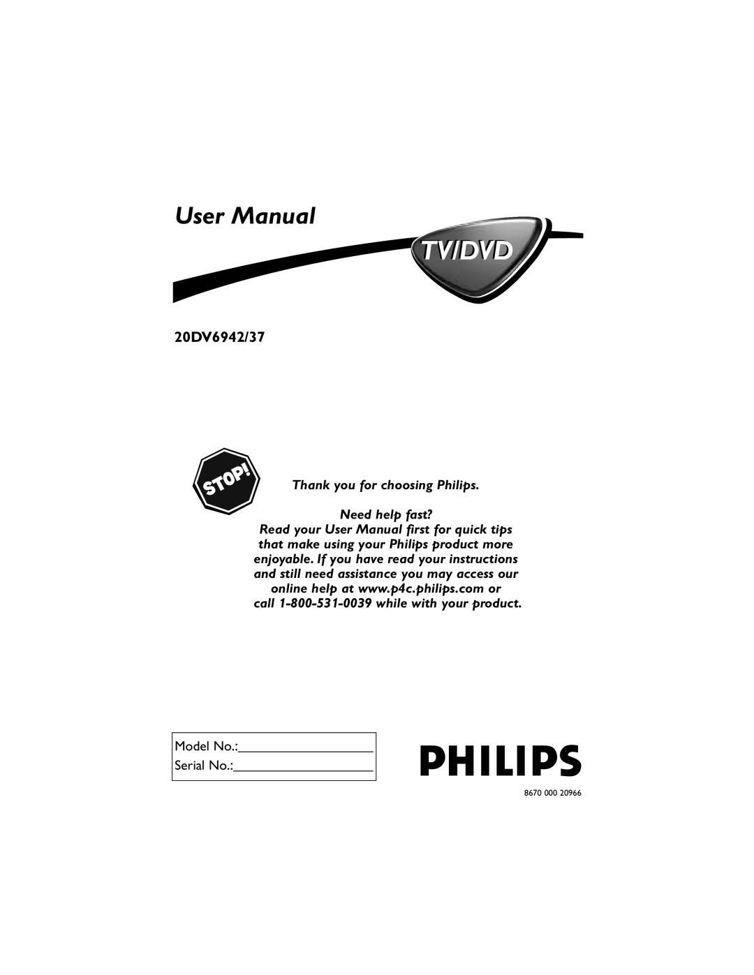 Philips 20DV6942/37 user manual Tv/Dvd 