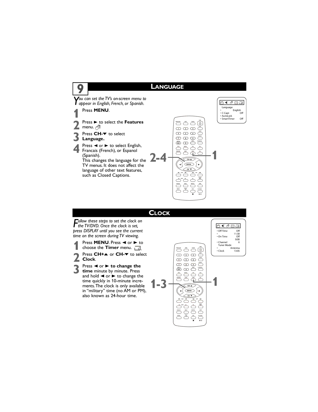 Philips 20DV6942/37 user manual Language, Clock 