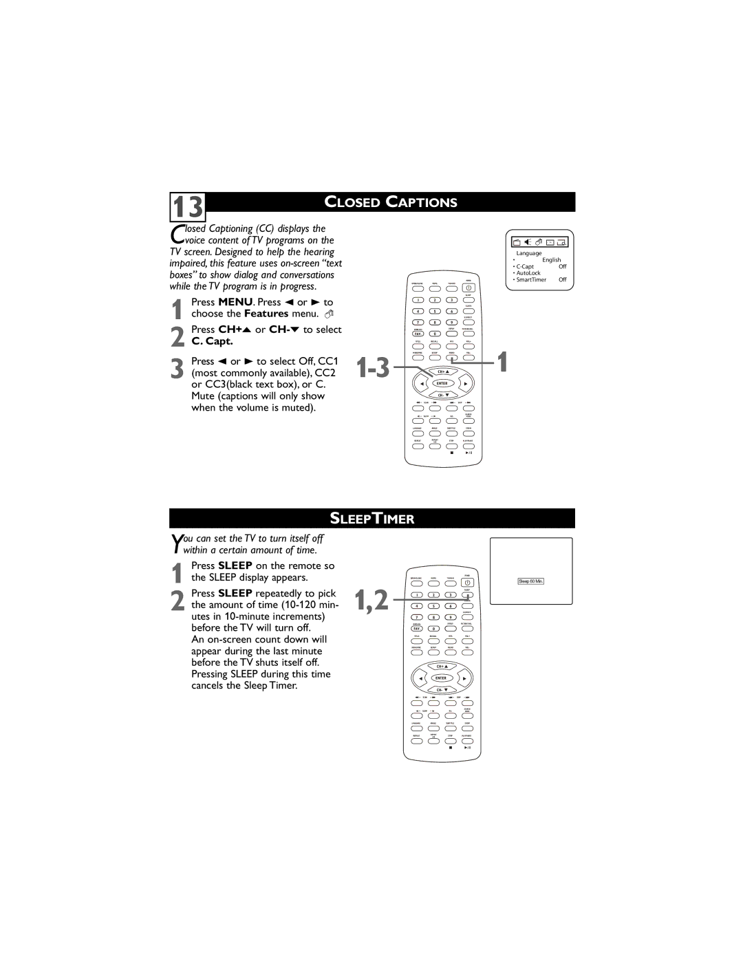 Philips 20DV6942/37 user manual Closed Captions, Sleeptimer 