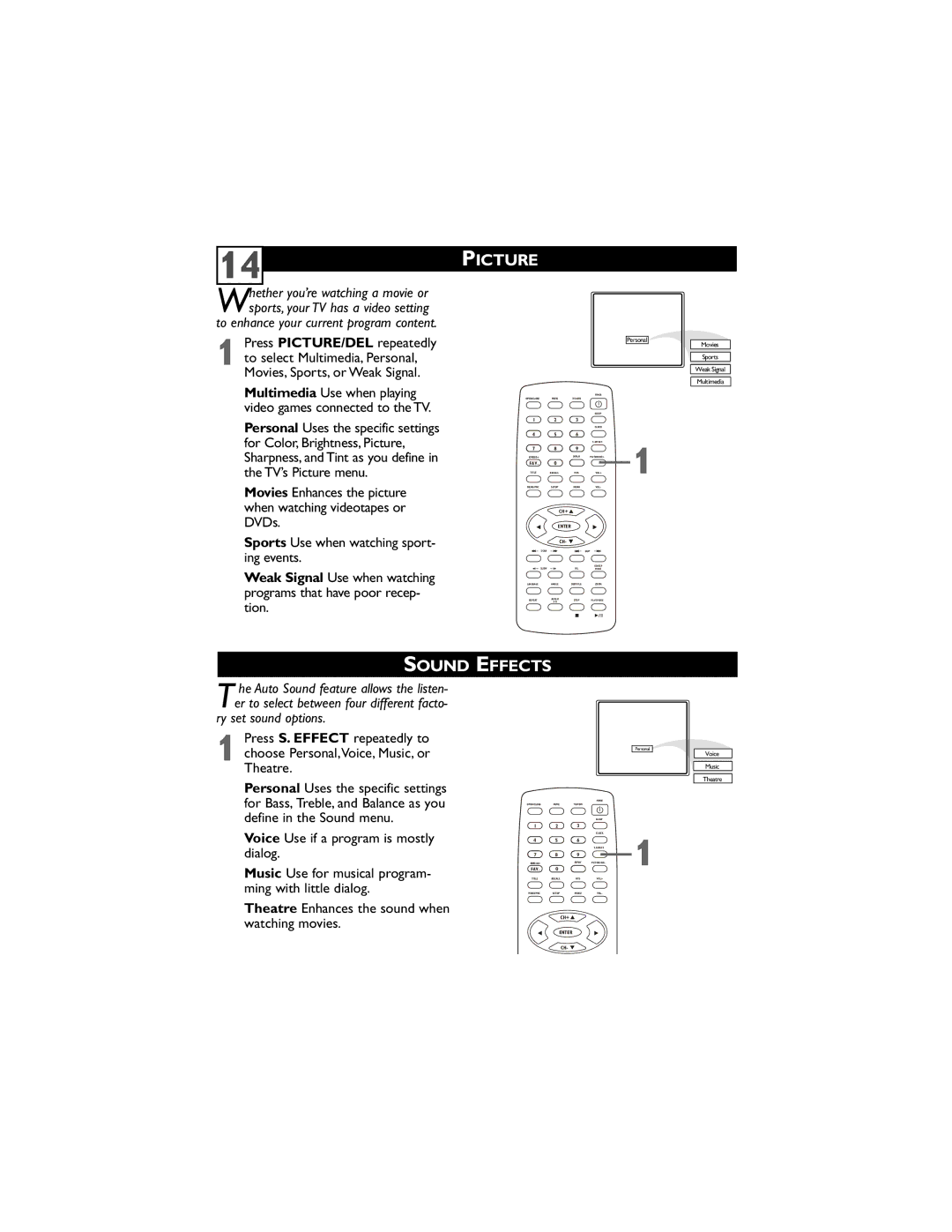 Philips 20DV6942/37 user manual Sound Effects, Press PICTURE/DEL repeatedly, Ry set sound options 