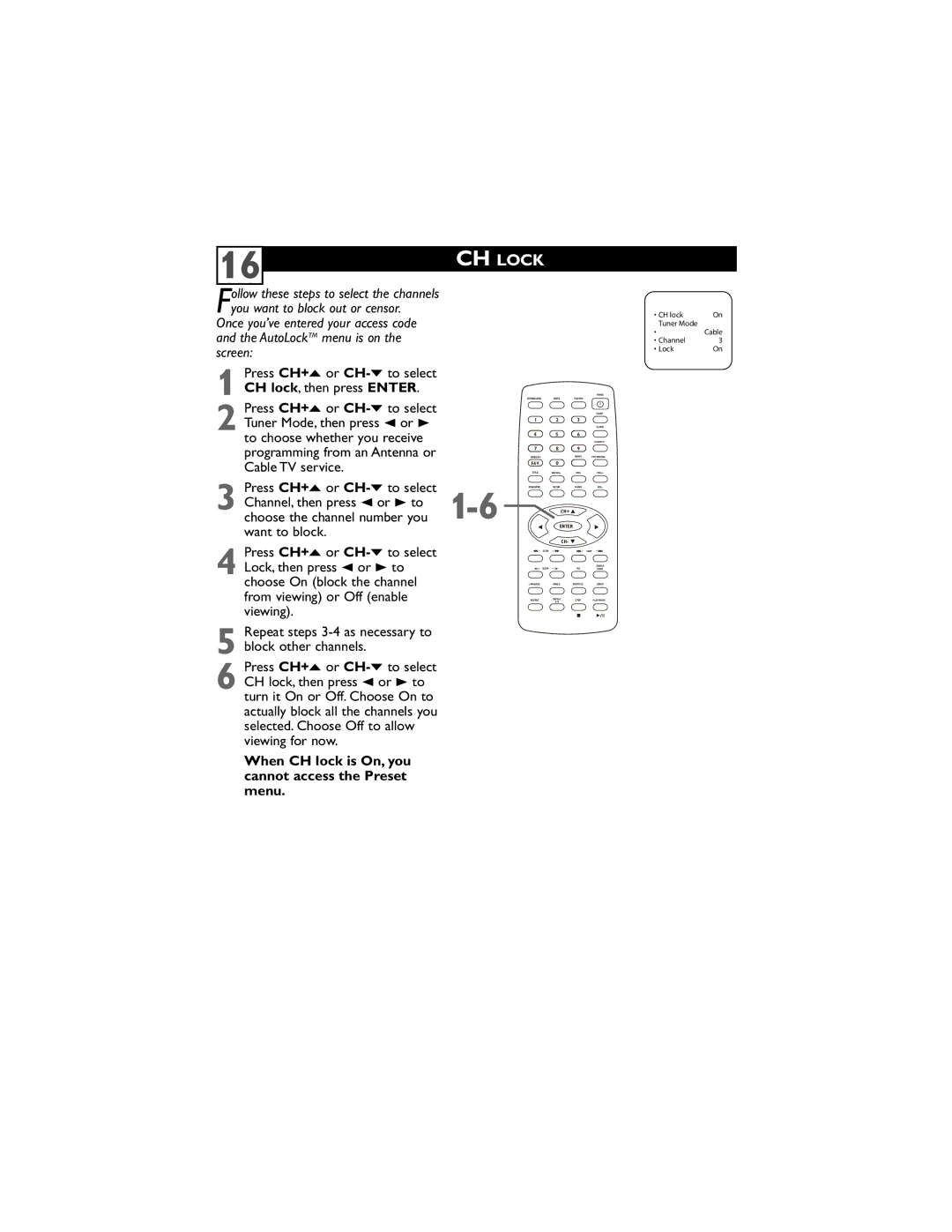 Philips 20DV6942/37 user manual When CH lock is On, you cannot access the Preset menu 