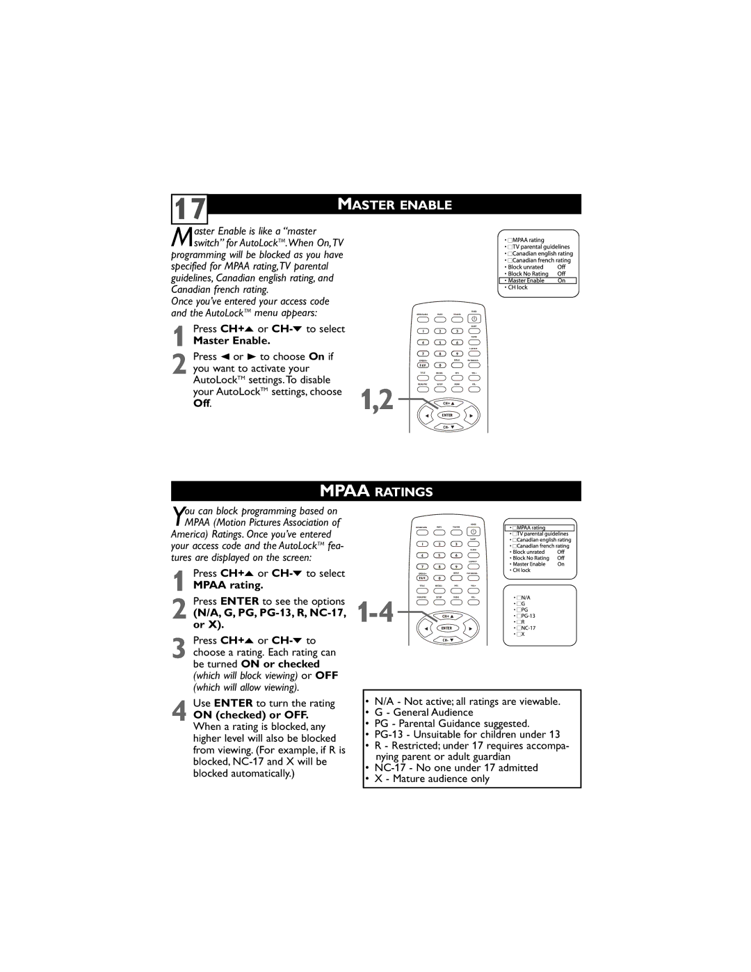 Philips 20DV6942/37 user manual Master Enable, Mpaa Ratings, A, G, PG, PG-13, R, NC-17, or, On checked or OFF 